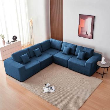 Imagem de Kit Sofá Modular 5 Lugares Moderno Curvo Orgânico Adapt Linho - Amarena Móveis Azul Royal