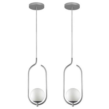 Imagem de Kit 2 Pendentes Lustres On Clip Prata Globo De Vidro Branco