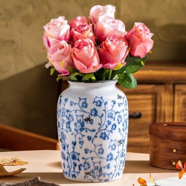 Imagem de Kiiwaa Vaso de cerâmica vintage, vaso de flores azul e branco retrô rachado no gelo para casa, mesa, sala de estar, decoração de banheiro, decoração de prateleira, cornija, decoração de escritório
