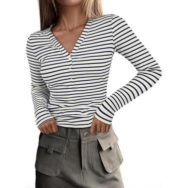 Imagem de Blusa feminina de malha canelada, casual, elegante, azul L - Acelitt