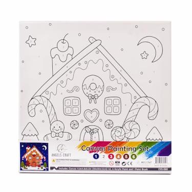 Imagem de Angels Craft Conjunto de telas Paint by Number - Chalé de doces de Natal | Kit completo para iniciantes | Inclui tela esticada de 30 x 30 cm, 6 tintas acrílicas e 1 pincel de artista
