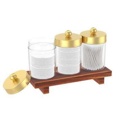 Imagem de Conjunto de 3 peças para banheiro com suporte Qtip, recipiente de armazenamento de banheiro de 425 g com tampa e bandeja de penteadeira, dispensador de cotonete de fio dental, dispensador de