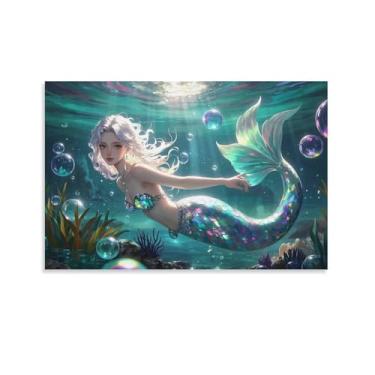 Imagem de Pôster em tela Dreamlike Mermaid Sstarry Ocean brilhante para sala de estar quarto 16 x 24 polegadas (40 x 60 cm)