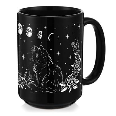 Imagem de LemonRoad Caneca de cerâmica de gato preto de 425 g com lua divertida xícara de café gótica xícara de chá de cerâmica para amantes de gatos caneca presente para mulheres homens proprietários de