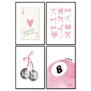 Imagem de Conjunto de 4 arte de parede em tela rosa coquete decoração de sala de lona estética conjunto de 4 quadros de coração rosa rosa preppy Ace A pôquer fotos femininas cartazes fofos decoração de parede