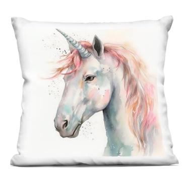 Imagem de Stupell Industries Almofada decorativa estampada de unicórnio com juba rosa, design da Creative Studio