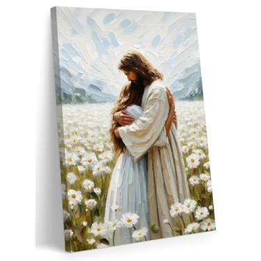 Imagem de FWAHREN Arte de parede em tela de Jesus Cristão, Abraçando Mulher Margarida Campo Arte de Pintura Religiosa, Quadro Bíblico Embraçado Poster Decoração de Parede para Sala de Oração da Igreja