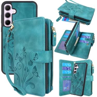 Imagem de Lacass Capa carteira para Samsung Galaxy A35 5G, [12 compartimentos para cartão] Carteira de couro removível com zíper e cordão de pulso (azul floral verde)