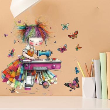 Imagem de Máquina de costura de adesivos de parede para meninas com borboleta colorida em PVC