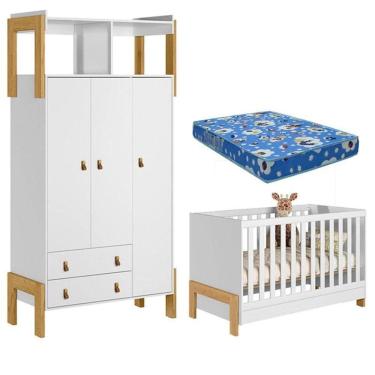Imagem de Berço Americano 4300 E Guarda Roupa Infantil 4375 Fantasia Branco Acetinado Com Colchão Ortobom - Qmovi