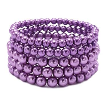 Imagem de NKTDWO Conjunto de 5 pulseiras de pérolas douradas para mulheres – Pulseiras elásticas de ouro, joias de casamento para dama de honra, Adjustable, Resina, Sem Pedra Preciosa