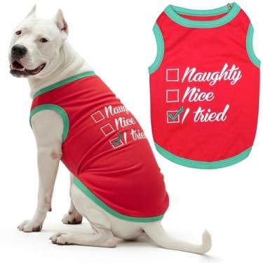 Imagem de Parisian Pet Camiseta para cachorro - Camiseta bordada para cachorro "Naughty Or Nice" - Roupa de Natal para cães de algodão leve - Roupas de Natal divertidas sem mangas - Camisetas para cães grandes