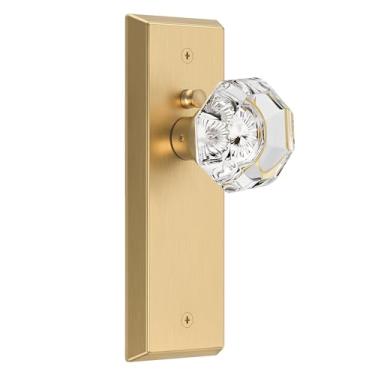 Imagem de CEYMIO Maçanetas de vidro para portas interiores - Maçaneta de porta de quarto e banheiro com privacidade de cristal vintage com trava - Maçaneta de porta cortada em diamante - Acabamento em ouro