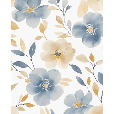 Imagem de Papel de parede floral macio azul bege flor contato vinil autoadesivo removível aquarela bege mural de parede papel de parede para quarto paredes cômoda armário decoração de mesa 44,5 cm x 299,7 cm