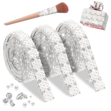 Imagem de FULZTEY Fita de strass de pérola, fitas de pérola de 1 cm de largura para decoração, adesivo autoadesivo de acabamento de pérolas, tiras de strass adesivas de cristal branco para decoração de festa de