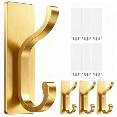 Imagem de pickpiff Ganchos de parede com fita adesiva - fácil de remover, sem resíduo, gancho de toalha pegajoso resistente, pacote com 4, ouro escovado