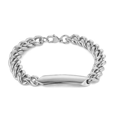 Imagem de HZMAN Pulseira masculina personalizada de elos cubanos com etiqueta de identificação em branco para gravação, corrente de aço inoxidável dourada e prata de 21 cm, presente estilo etiqueta de cachorro