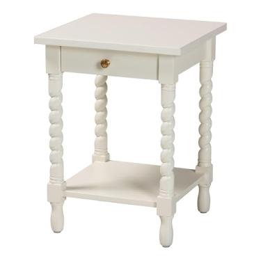 Imagem de Baxton Studio Mesa de cabeceira Niklas com pernas torcidas - Mesa lateral para quarto de 1 gaveta com prateleira de armazenamento, branca
