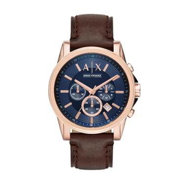 Imagem de AX Armani Exchange Relógio cronógrafo masculino com pulseira de couro, aço inoxidável ou silicone, Ouro rosa/marrom, Crono externo