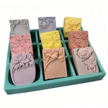 Imagem de Molde de sabão de flores mistas com 9 cavidades, bandeja de silicone feita à mão, molde de silicone de flor para sabão natural, cera perfumada de vela, difusor de gesso, decorações de epóxi de cristal
