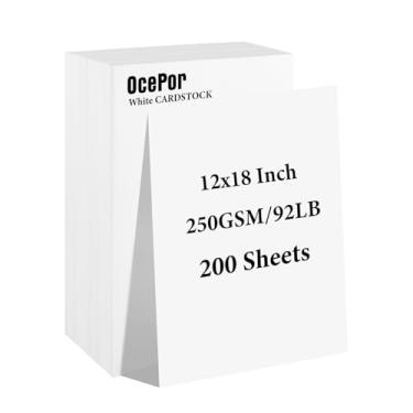 Imagem de OcePor 200 folhas de cartolina branca 30,5 x 45,7 cm, 41,7 kg/250 g/m², papel grosso para cartão, papel pesado para impressora, currículo, álbuns, arte, artesanato, cartões de visita