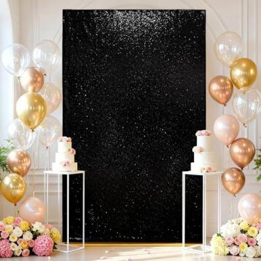 Imagem de Eternal Beauty Capa quadrada de arco de casamento, 1,6 x 1,5 m de lantejoulas, preto, capa de suporte de arco de balão, capa elástica para festa, aniversário, Natal, chá de bebê, banquete