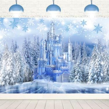Imagem de InMemory Pano de fundo Winter Wonderland Castelo Cedro Floco de Neve Fundo de Fotografia Azul Branco Lago de Neve Cristal de Gelo Menina Princesa Chá de Bebê Decoração de Festa de Aniversário Banner