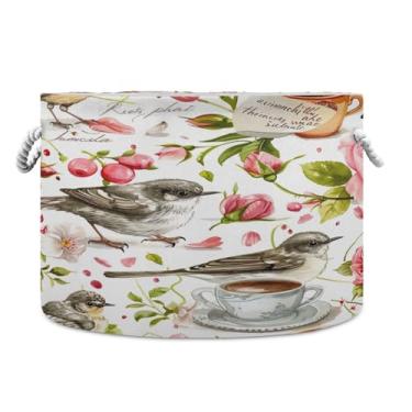 Imagem de SEHANY Cesta redonda grande de flores e pássaros com alça de corda, cesto de roupa suja de lona para armazenamento de cobertores, cesta de armazenamento de berçário infantil para quarto de banho