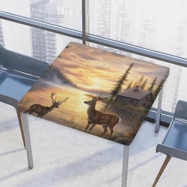 Imagem de hongjinglin Toalha de mesa quadrada para uso ao ar livre com borda elástica, toalha de mesa quadrada limpável, cervo, lago, paisagem, para ambientes externos, ambientes internos, pátio, jantar