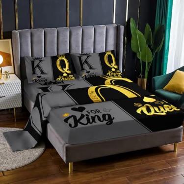 Imagem de Nttopship Jogo de cama King and Queen, 4 peças, solteiro, Mr. Mrs, com bolsos profundos de 41 cm, decoração de quarto de casal, preto e cinza, conjunto de cama com 4 peças (1 elástico + 1 lençol + 2