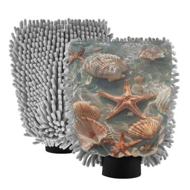 Imagem de Blueangle Pacote com 2 luvas para lavagem de carro Starfish Shell verão praia - luvas de microfibra de chenille para lavagem de carro sem arranhões e limpeza doméstica, luva de detalhe automático (788