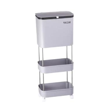 Imagem de Fenteer Lixeira com polia Lixeira com tampa Grande capacidade Estreita prateleira de armazenamento Lixeiras de reciclagem para cozinha Lixeira de triagem, Cinza, 3 camadas