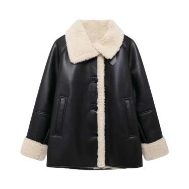 Imagem de Jaqueta Feminina Casual Com Lapela Efeito Couro Dupla Face Moda Outono