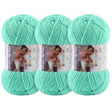 Imagem de 3 fios grossos de 100 g para crochê e tricô – Fio super volumoso de chenille de pelúcia fácil de usar 393 m - Fio de veludo ultramacio para bebês para iniciantes e projetos amigurumi, verde-água