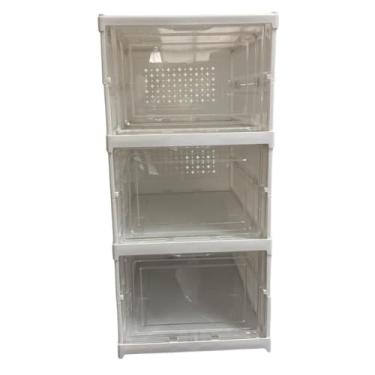 Imagem de Armário Dobrável Multiuso Branco, 3 Compartimentos, Portas Transparentes, Leve, Resistente e Ideal para Organização em Todos os Ambientes