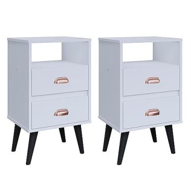 Imagem de Kit 2 Mesas Cabeceira Retrô Mesinhas Gavetas Organizadoras Puxador Concha e Nicho Decorativo Canto Cama Quarto Casal Classic New - RPM (Branco2)