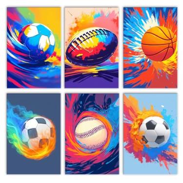 Imagem de Basquete e futebol 6 pacotes de pintura por números para adultos bolas iniciantes, kits de pintura a óleo em tela com pincéis e pintura acrílica, faça você mesmo, amantes de esportes, artesanato