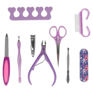 Imagem de Kit Manicure Profissional, 9 Peças, com Alicate, Cortador, Lixas, Tesoura, Separador de Dedos, Escova,espátula,pinça (Lilás)