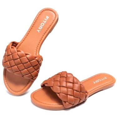 Imagem de FITORY Sandálias rasteiras femininas modernas de bico aberto redondo sem cadarço com alça trançada para verão tamanho 6-11, Todo marrom, 37