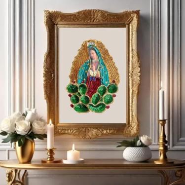 Imagem de Generic Patch de costura Our Lady Guadalupe, aplique bordado de lantejoulas de cacto, patch de lantejoulas Virgen de Guadalupe, patch de jaqueta jeans, Virgen De Guadalupe sobre Nopal parche
