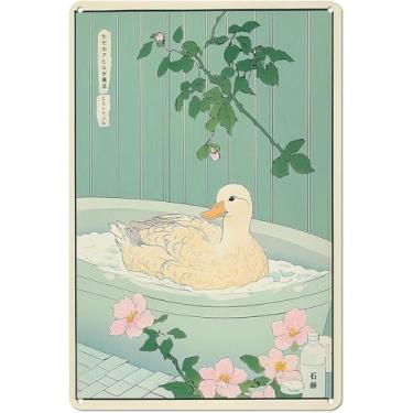 Imagem de Pato de banho vintage engraçado 20 x 30 cm Aluminumaesthetic placa de metal para banheiro japonês arte de parede kawaii pato em banheira floral decoração de casa caprichosa para banheiro e sala de