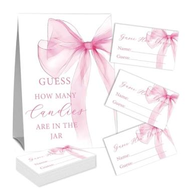 Imagem de Placa Guess How Many Candies (1 placa de pé e 50 cartões de adivinhação) Kit de cartas de jogo de atividades com tema de arco rosa para chás de bebê, festas de recém-nascidos, chá de noivado de