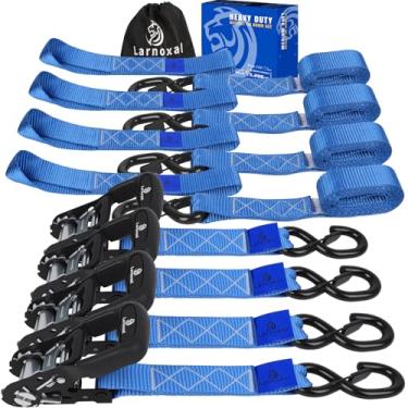 Imagem de Cintas de catraca pacote com 4 - 2,4 kg resistência à ruptura 3,8 cm x 8,2 pés tiras de amarração de catraca resistente com ganchos S conjunto para caminhão, van de carga, reboque, motocicleta (azul)