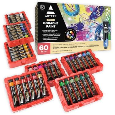 Imagem de ARTEZA Conjunto de tintas guache, conjunto de 60 cores em tubos de 12 ml, tinta guache premium para profissionais e estudantes, ideal para tela e papel, suprimentos de arte completos para criações vibrantes