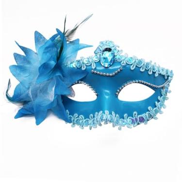 Imagem de MYMENU Máscara veneziana feminina de strass brilhante para fantasia de Halloween, cosplay, festa, baile de formatura, com decoração de flores (azul)