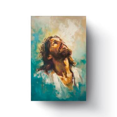 Imagem de Quadro religioso jesus cristo arte contemporanea tons azul turquesa dourado 60x40 cm decoracao parede tema sagrado impressao em tela quadro moderno elegante