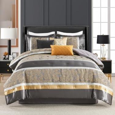 Imagem de SahSahCasa Conjunto de edredom Queen de 7 peças – Conjunto de cama de luxo felpudo de jacquard sedoso com saia para cama, travesseiros decorativos, cama em uma bolsa, elegante reversível, alternativo