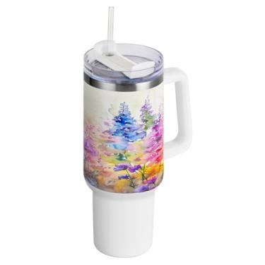 Imagem de Kigai Copo de flores silvestres para pintura de água de 1,134 g com tampa e palha, copo isolado de aço inoxidável durável à prova de vazamento com alça, garrafas de água à prova de derramamento para