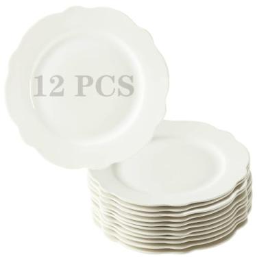Imagem de TAMAYKIM Conjunto de 12 pratos de sobremesa de porcelana de 19 cm, pratos de salada/pão em forma de lótus, conjunto de utensílios de aperitivo de borda ondulada, pratos de restaurante, micro-ondas