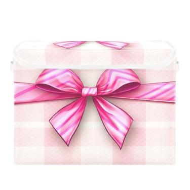 Imagem de Wassud Cestas de armazenamento com tampas, laço listrado, persianas dobráveis de tecido empilhável, cestas de linho, recipiente organizador de armário 42 x 32 x 30 cm